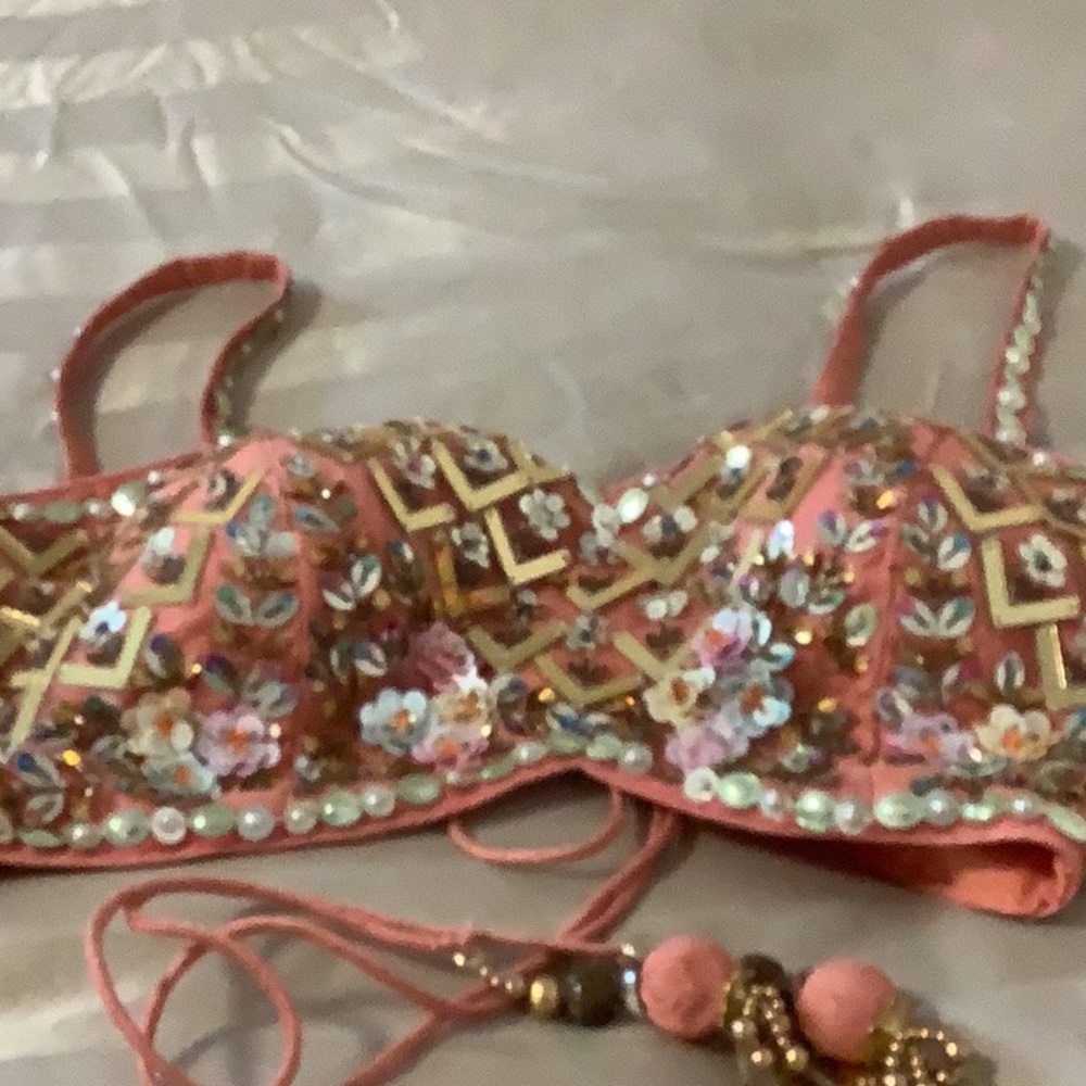 Embellished Coral Pink Beaded Bra Top - Picture 3 of 16